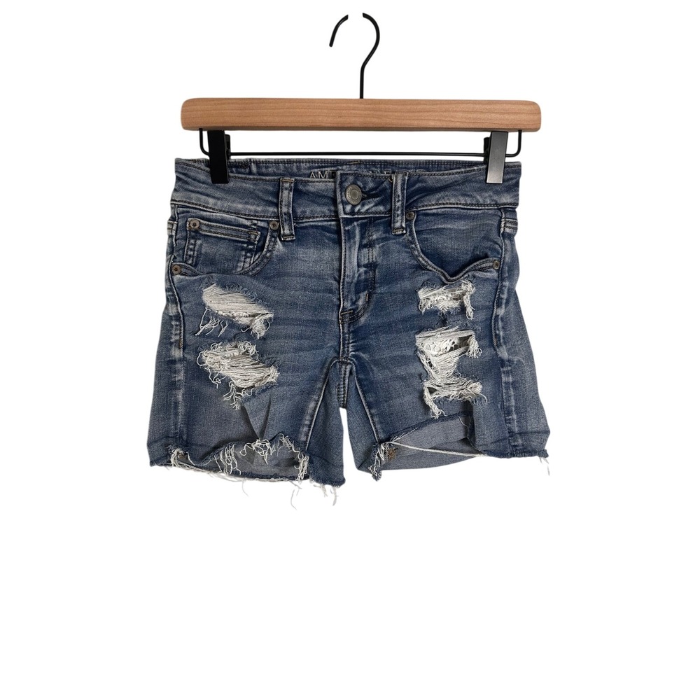 American Eagle‎ Womens Next Level Stretch Midi Distressed Denim Shorts Blue 2